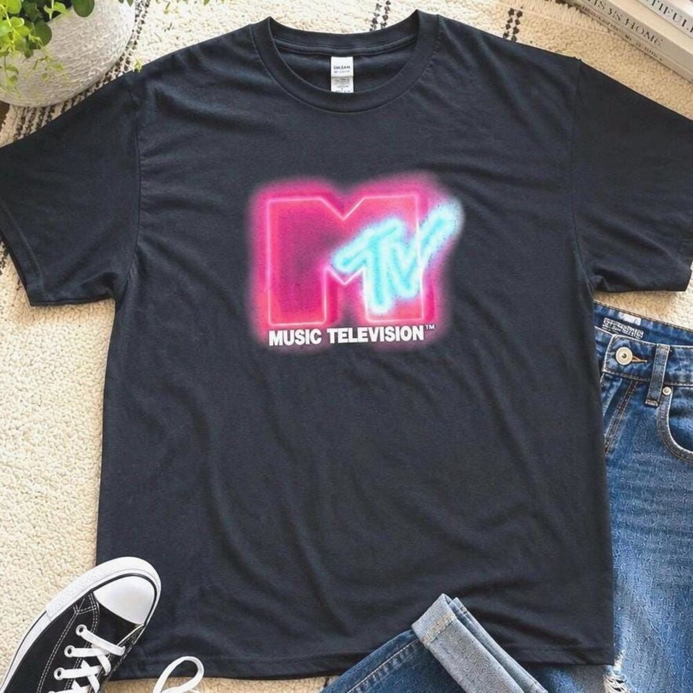MTV Music Television Graphic T-Shirt 2XL Black Neon Logo Tee Retro Pop Culture X